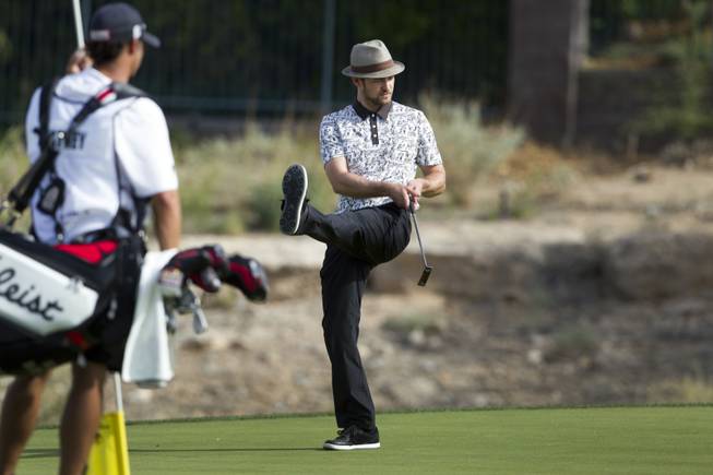 Justin Timberlake reacts after missing a putt on the 15th green during the Pro-Am portion of the Justin Timberlake Shriners Hospitals for Children Open at TPC Summerlin Wednesday, Oct. 3 2012. . STEVE MARCUS